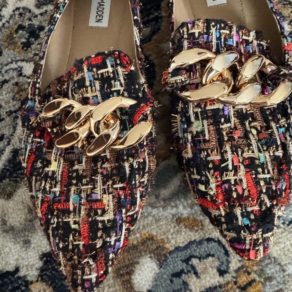 Steve Madden Women's Colorful Tweed Loafers with Gold Chain